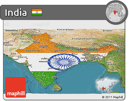 Flag Panoramic Map of India, satellite outside, flag centered