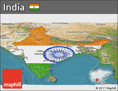 Flag Panoramic Map of India, satellite outside, flag centered
