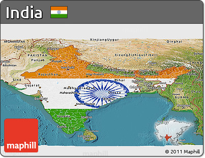 Flag Panoramic Map of India, satellite outside, flag centered