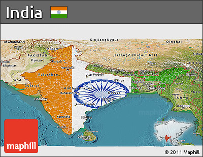 Flag Panoramic Map of India, satellite outside, flag aligned to the middle