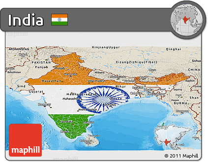 Flag Panoramic Map of India, shaded relief outside, bathymetry sea, flag centered