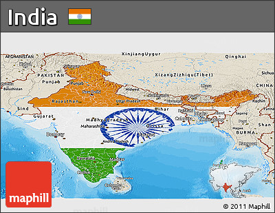 Flag Panoramic Map of India, shaded relief outside, bathymetry sea, flag centered