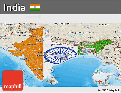 Flag Panoramic Map of India, shaded relief outside, bathymetry sea, flag aligned to the middle