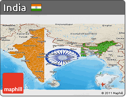 Flag Panoramic Map of India, shaded relief outside, bathymetry sea, flag aligned to the middle