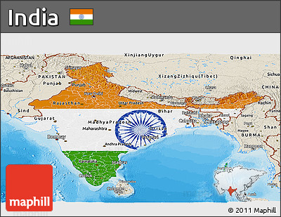 Flag Panoramic Map of India, shaded relief outside, bathymetry sea