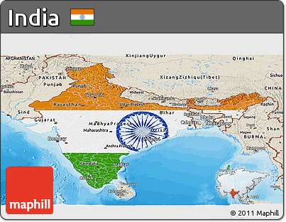 Flag Panoramic Map of India, shaded relief outside, bathymetry sea