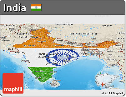 Flag Panoramic Map of India, shaded relief outside, flag centered