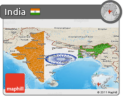 Flag Panoramic Map of India, shaded relief outside, flag rotated
