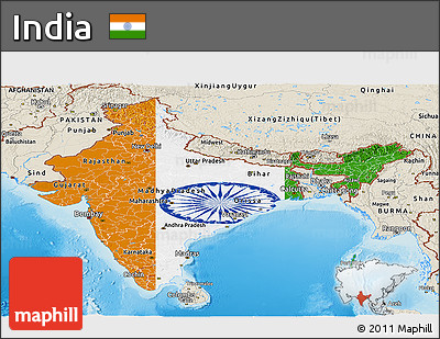 Flag Panoramic Map of India, shaded relief outside, flag rotated