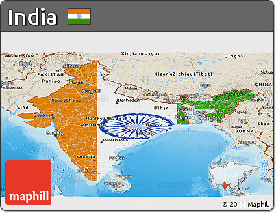 Flag Panoramic Map of India, shaded relief outside, flag rotated