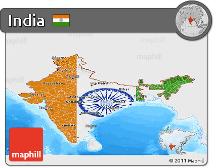 Flag Panoramic Map of India, single color outside, bathymetry sea, flag aligned to the middle