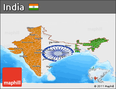 Flag Panoramic Map of India, single color outside, bathymetry sea, flag aligned to the middle