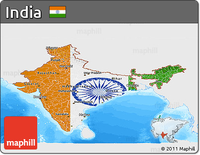 Flag Panoramic Map of India, single color outside, bathymetry sea, flag aligned to the middle