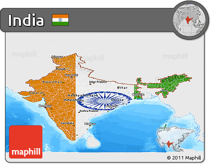 Flag Panoramic Map of India, single color outside, bathymetry sea, flag rotated