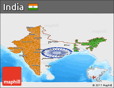 Flag Panoramic Map of India, single color outside, bathymetry sea, flag rotated