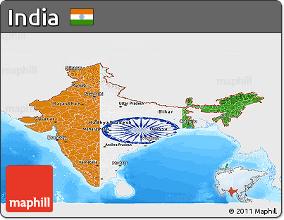 Flag Panoramic Map of India, single color outside, bathymetry sea, flag rotated