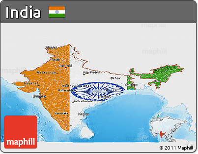 Flag Panoramic Map of India, single color outside, shaded relief sea, flag rotated