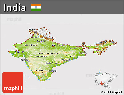 Physical Panoramic Map of India, cropped outside