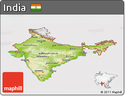Physical Panoramic Map of India, cropped outside