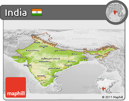 Physical Panoramic Map of India, lighten, desaturated