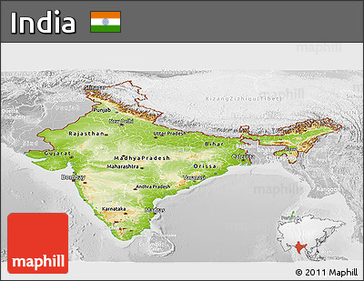 Physical Panoramic Map of India, lighten, desaturated