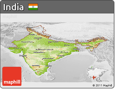 Physical Panoramic Map of India, lighten, desaturated