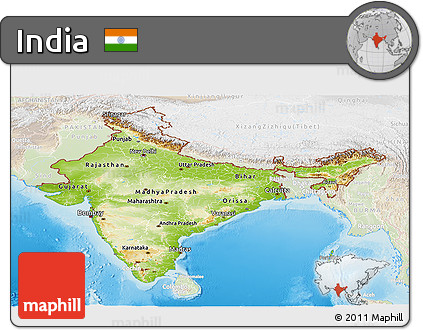 Physical Panoramic Map of India, lighten, land only