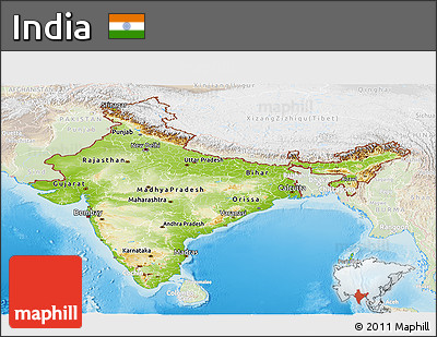 Physical Panoramic Map of India, lighten, land only
