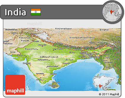 Physical Panoramic Map of India, satellite outside, shaded relief sea