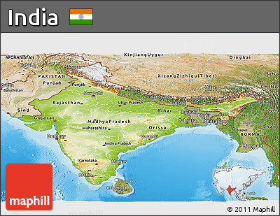 Physical Panoramic Map of India, satellite outside, shaded relief sea
