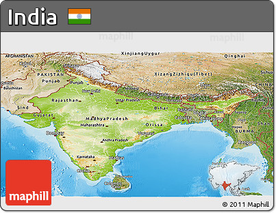 Physical Panoramic Map of India, satellite outside, shaded relief sea