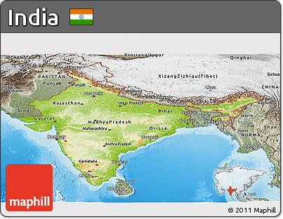 Physical Panoramic Map of India, semi-desaturated, land only