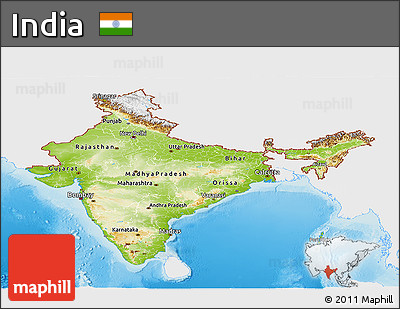 Physical Panoramic Map of India, single color outside