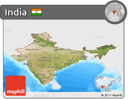 Satellite Panoramic Map of India, single color outside, bathymetry sea