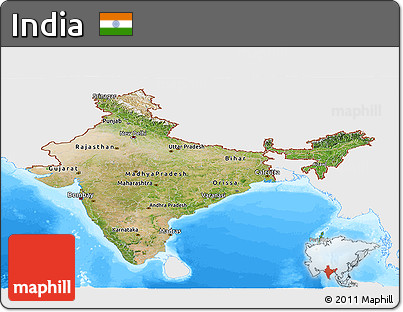 Satellite Panoramic Map of India, single color outside, bathymetry sea