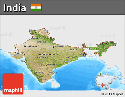 Satellite Panoramic Map of India, single color outside, bathymetry sea
