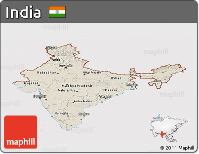 Shaded Relief Panoramic Map of India, cropped outside