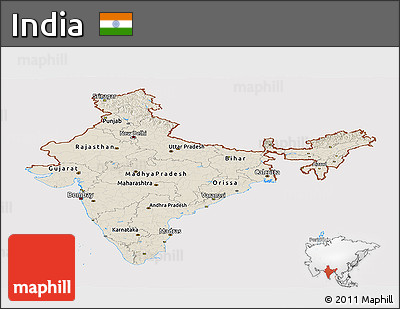 Shaded Relief Panoramic Map of India, cropped outside