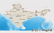 Shaded Relief Panoramic Map of India, single color outside, bathymetry sea, shaded relief sea