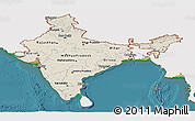 Shaded Relief Panoramic Map of India, single color outside, satellite sea