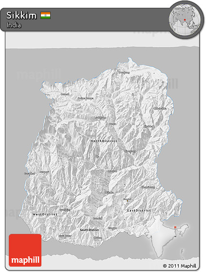 Gray 3D Map of Sikkim, single color outside