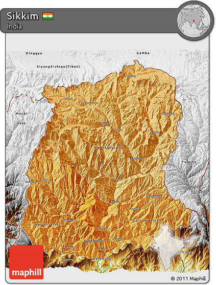 Political Shades 3D Map of Sikkim, physical outside