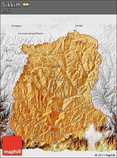 Political Shades 3D Map of Sikkim, physical outside
