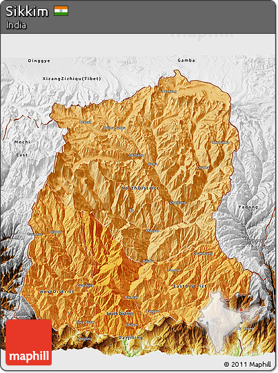 Political Shades 3D Map of Sikkim, physical outside