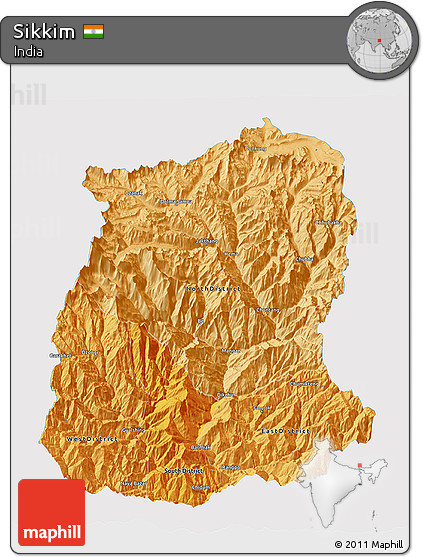 Political Shades 3D Map of Sikkim, single color outside