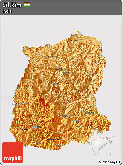 Political Shades 3D Map of Sikkim, single color outside