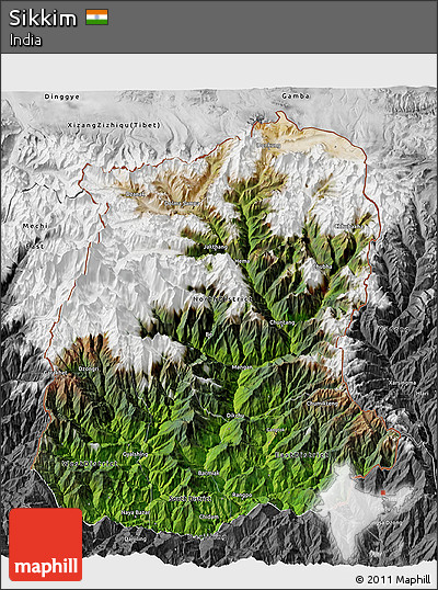 Satellite 3D Map of Sikkim, desaturated