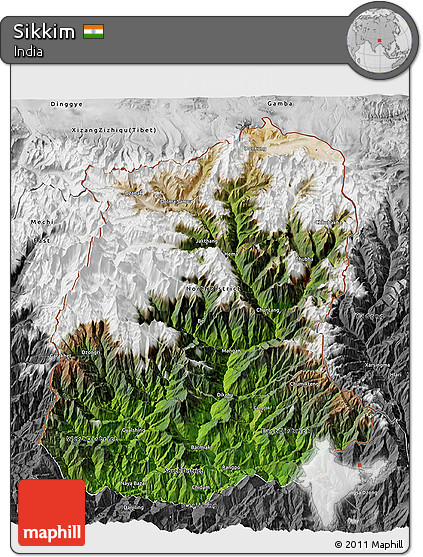 Satellite 3D Map of Sikkim, desaturated