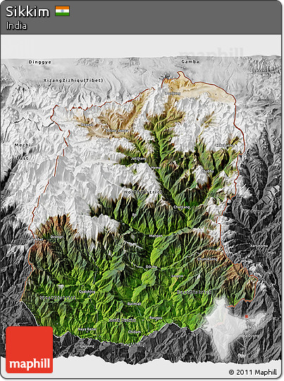 Satellite 3D Map of Sikkim, desaturated