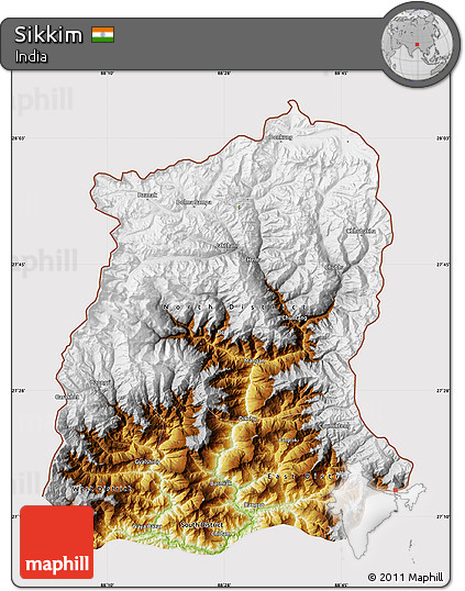 Physical Map of Sikkim, cropped outside